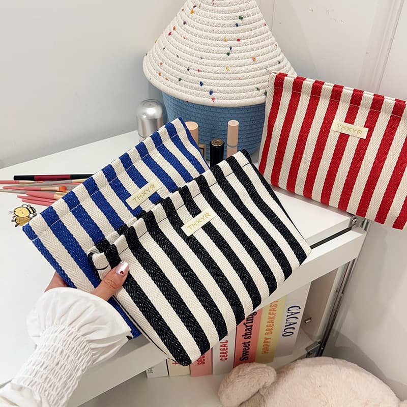 New Cross-Border Striped Cosmetic Bag Skincare Organizer Pouch Sanitary Napkin Wallet Wash Bag Handheld Portable Bag