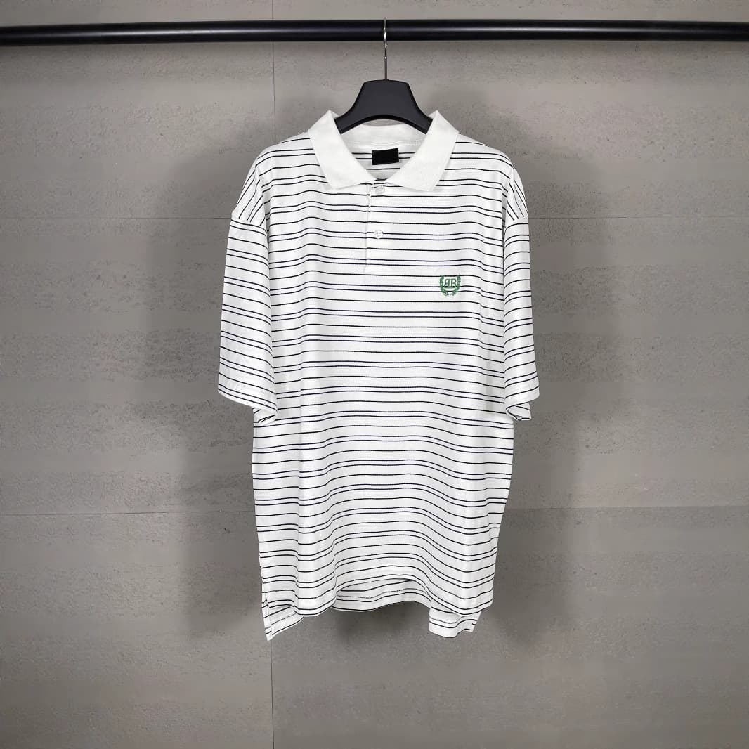 B Brand High-End Paris 2025 New Striped Chest Wheat Embroidery Polo Shirt Heavyweight Side-Slit Loose Short Sleeve