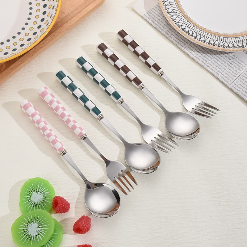 Customizable patterned ceramic-handle spoon/chopstick set, stainless steel minimalist portable utensils