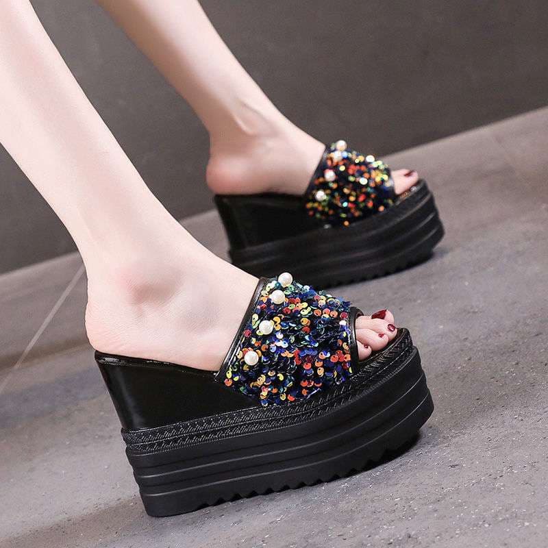 2025 sequined pearl sandals for women summer outer wear high heel platform slippers wedge heel thick bottom half drag with inner heightening