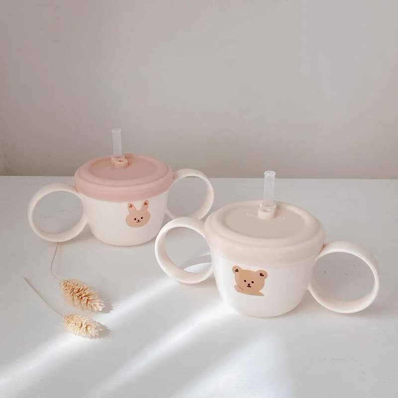 Baby Feeding Bowl with Straw And Lid Microwave Safe Children's Drinking Cup Cute Cartoon Design Plastic Metal Glass Combination