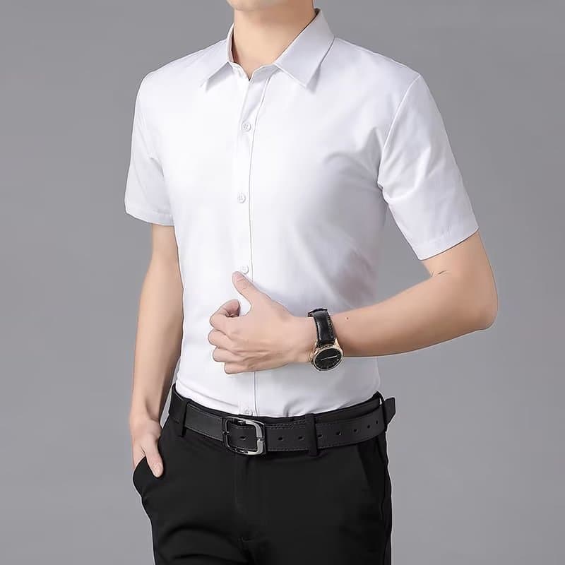 Men's Short Sleeve Shirt Classic Solid Color Casual Blue Black Work Shirt Slim Fit Iron Free Summer Business Casual Shirt