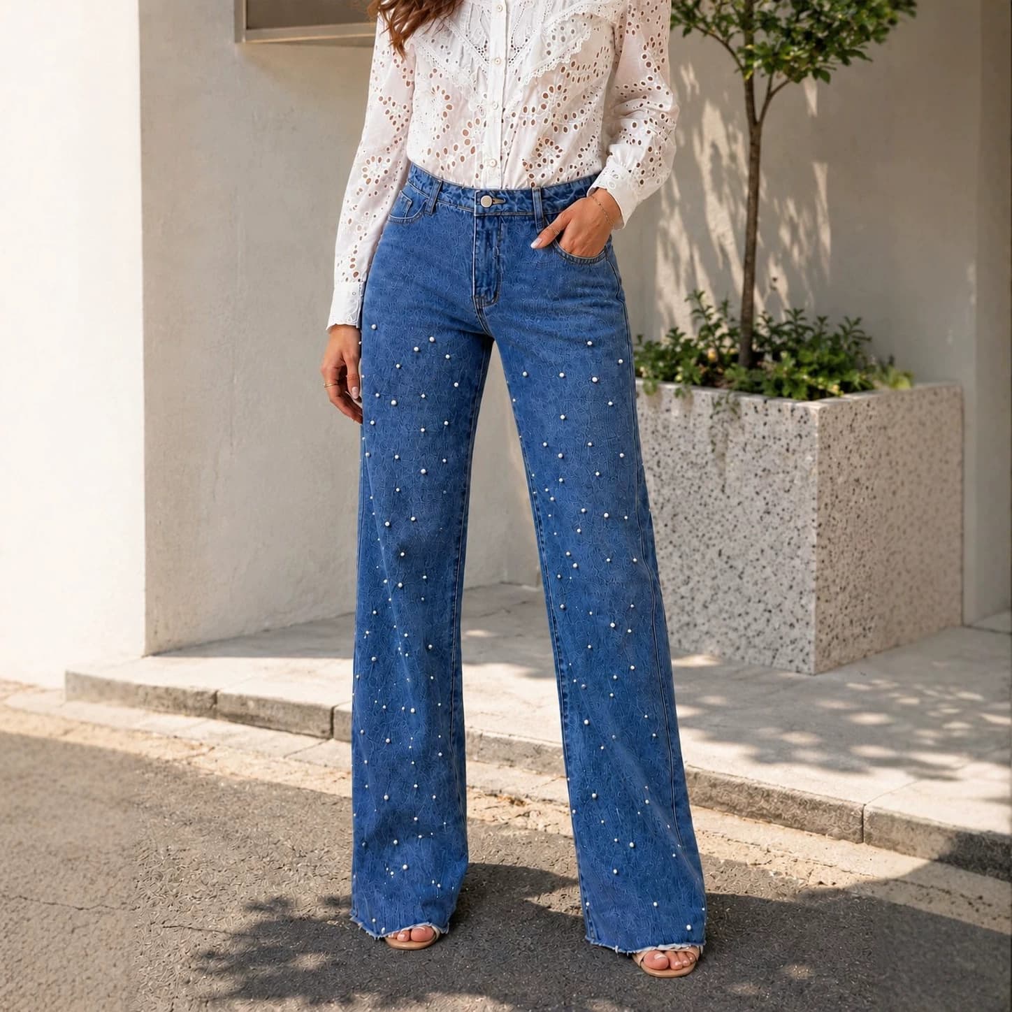 European and American cross-border beaded raw-edge vintage trendy jeans, fashionable casual elegant commuter style straight-leg long pants