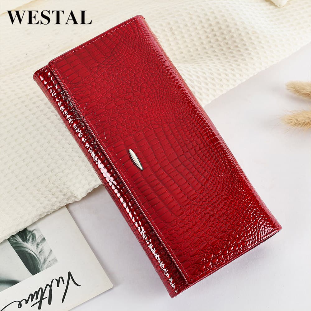 Westal Ladies Long Leather Wallet Genuine Cowhide 2023 Money Bag Wallet Durable Daily Use Pure Color Trendy Style