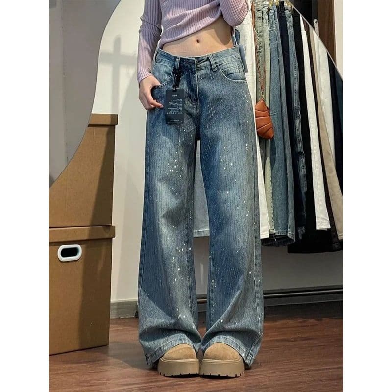 American Retro Starry Rhinestone Jeans for Women 2026 Spring New Loose Fit Slimming Hip-Covering Wide Leg Pants Trendy