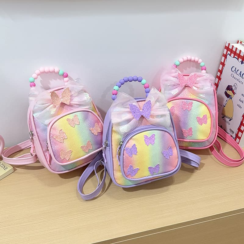 New Colorful PU Mini Backpack with Butterfly, Princess Beaded Toddler Backpack for Export