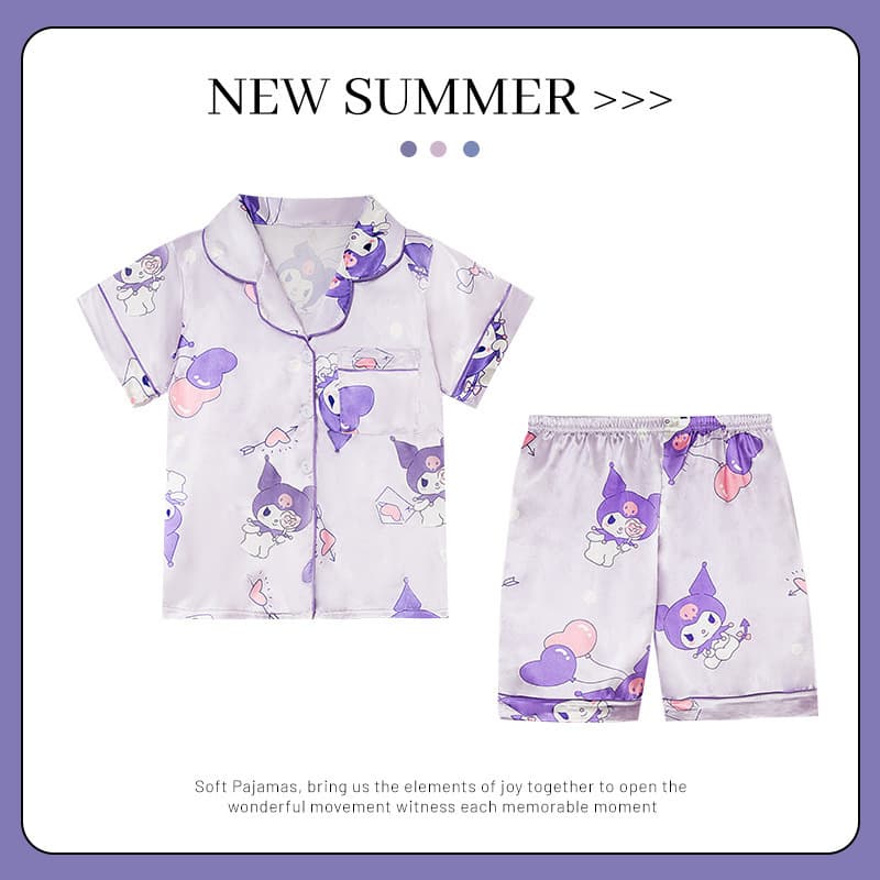 Girls Summer Pajamas Ice Silk Mid-Large Kids Homewear Cute Short-Sleeve Cardigan Set