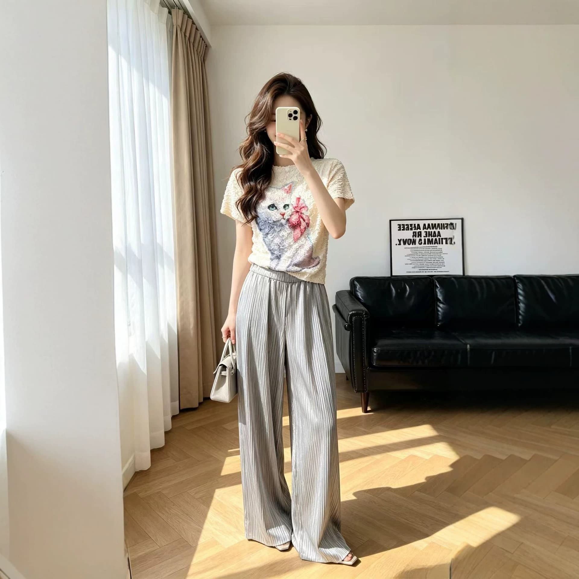 Miyake Cartoon Cat Print Ruffle Short Sleeve Top Women Summer Loose Slimming Women's Fashion T-Shirt