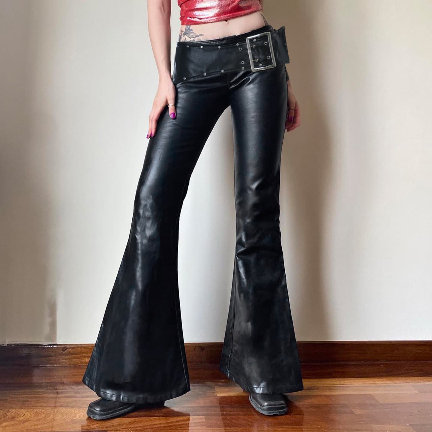 European and American Sexy Street Style Rivet Black Metal Buckle Flared Long Pants Y2K Dark Punk Leather Pants for Women