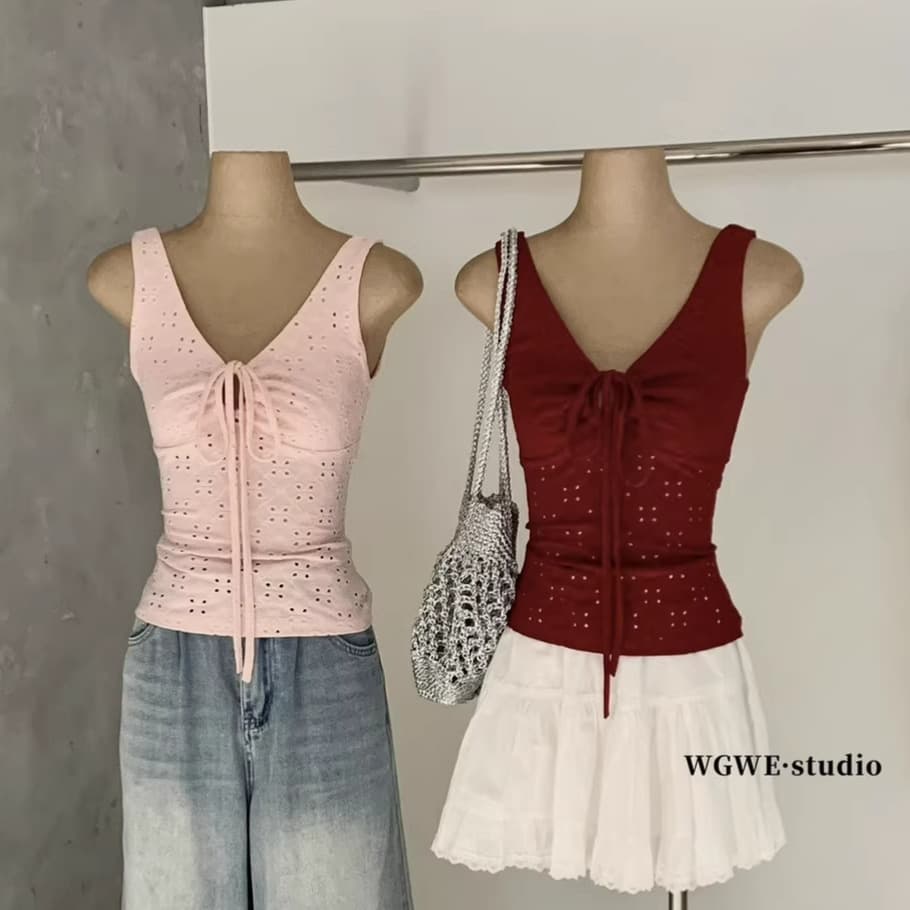 WGWE8575 Lace-up Hollow Textured Fabric Camisole Top - Sexy, Solid Color, Slim Fit, Waist-Cinching, Versatile
