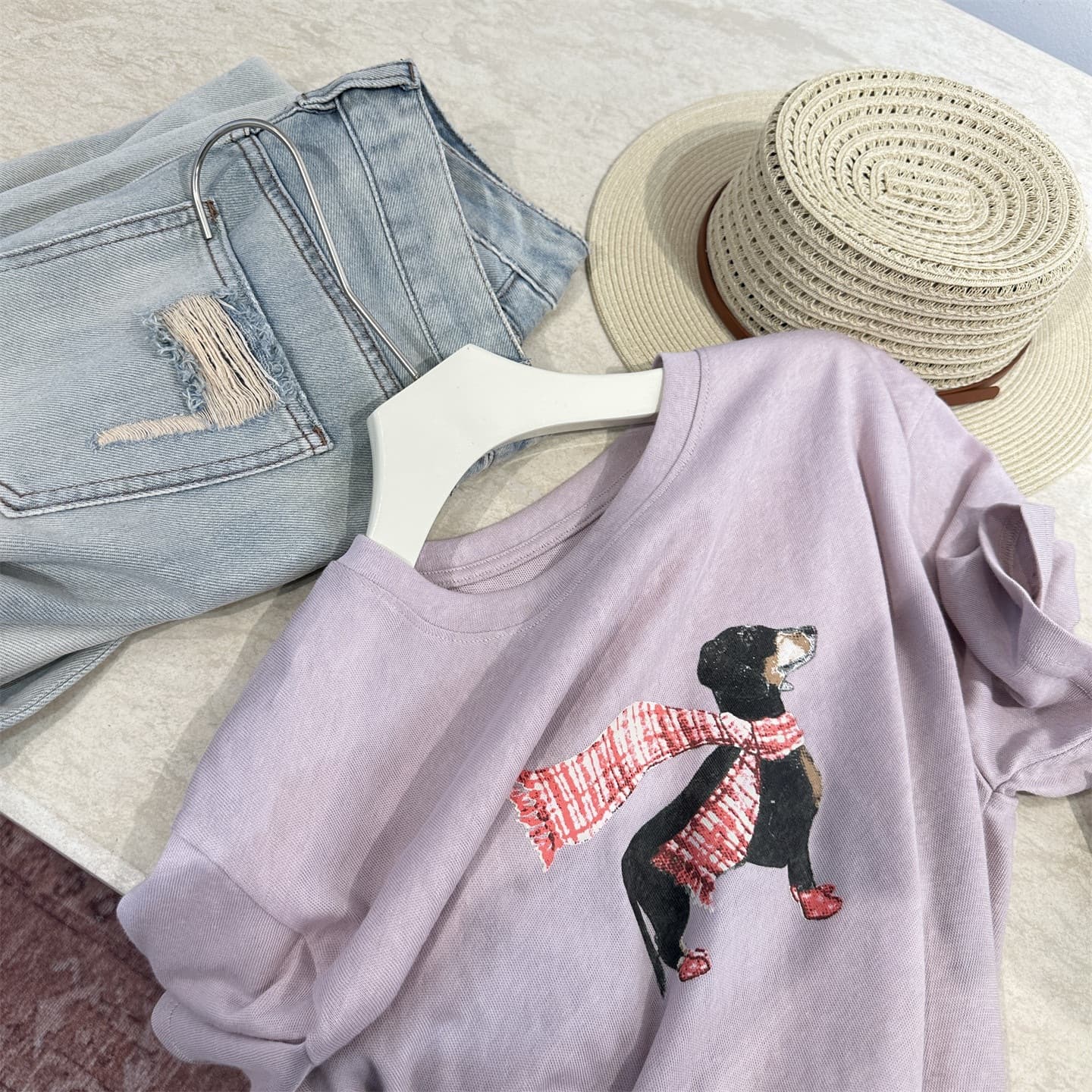 Korean-Style Scarf Dachshund Print Short-Sleeve T-Shirt for Women, American Casual Versatile Loose Cotton Round-Neck Top for Summer