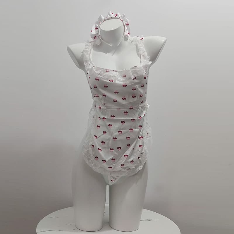 Red Cherry Maid Lace Lingerie Set with Cherry Print, Sexy & Cute, Tie-Back Butterfly Design 2747