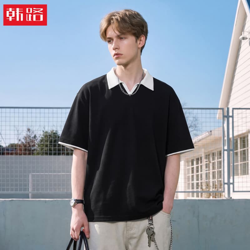 Contrast color fake two-piece seagull collar short-sleeved polo shirt for men summer style retro old money T-shirt texture casual T-shirt q
