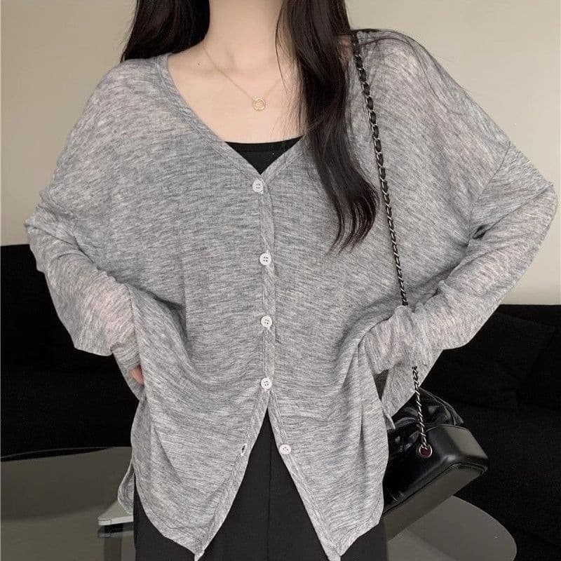 Retro Sun Protection Cardigan Long Sleeve Lazy 2026 Summer Women's Gray Thin Breathable Slim Air Conditioning Blouse Jacket Top