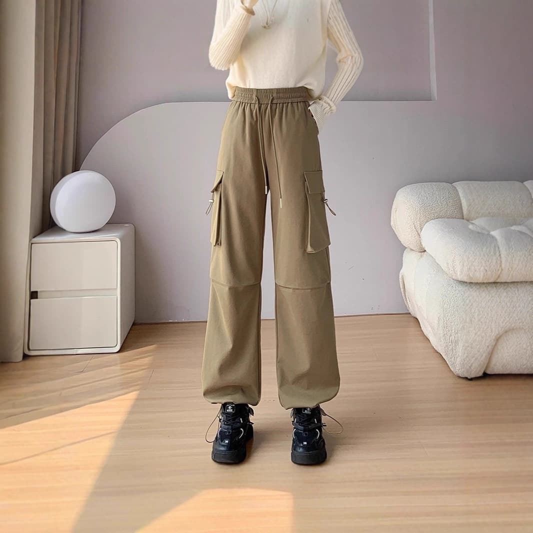 7536 Down Pants Women's American Style Cargo Pants Winter Fleece-Lined Thickened Loose Fit Warm Cotton Pants