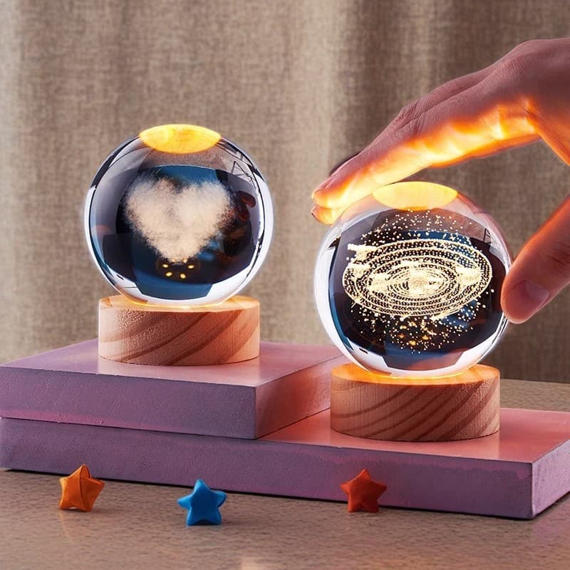 3D Laser-Engraved Earth Galaxy Glowing Crystal Ball on Wooden Base, Couple or Student Birthday Desktop Ornament Night Light