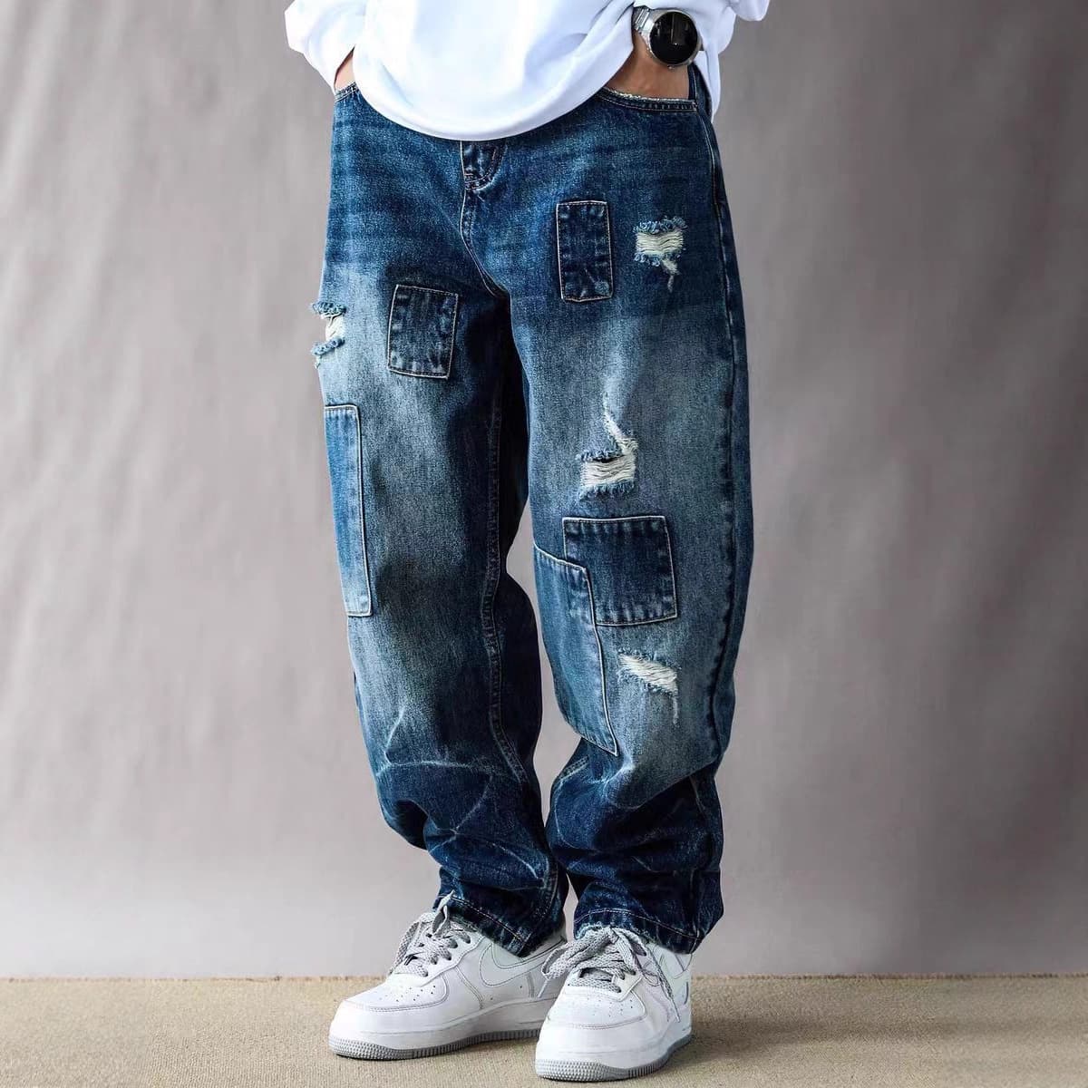 American-Style Trendy Brand Heavy Multi-Pocket Scimitar Jeans for Men and Women, Trendy Street Style Distressed Washed Wide-Leg Cargo Pants