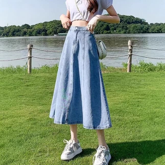 Spring 2025 Mid-Length A-Line Denim Skirt Cotton Pleated Half-Length High Waist Slimming Women's Fashionable Skirts