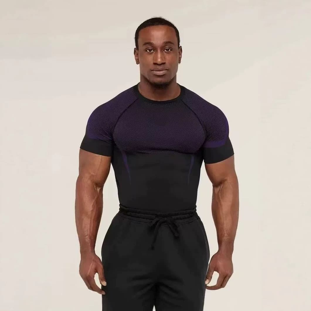 Cross-border GYM men's fitness compression printed round neck quick-drying T-shirt summer tight breathable running sports long sleeves