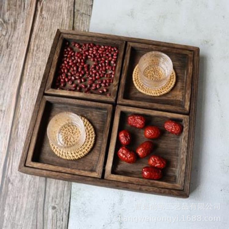 Chinese Tea Set Wooden Tray Vintage Tea Tray Stove Boiling Tea Seven-Piece Set Solid Wood Jewelry Storage Seven-Snack Cookie Fruit Tray