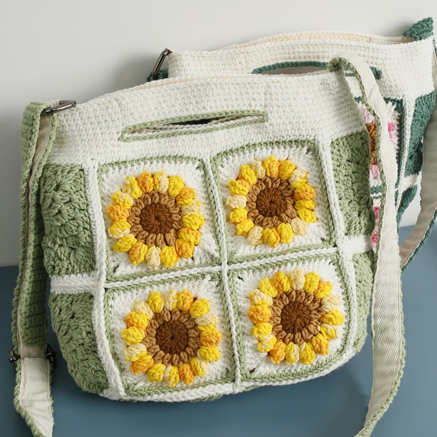 Sweet Handmade Crochet Sunflower Women's Bag, Yarn Hooked Handheld and Crossbody Two-Way Bag, Exquisite Two-Way Small Square Bag