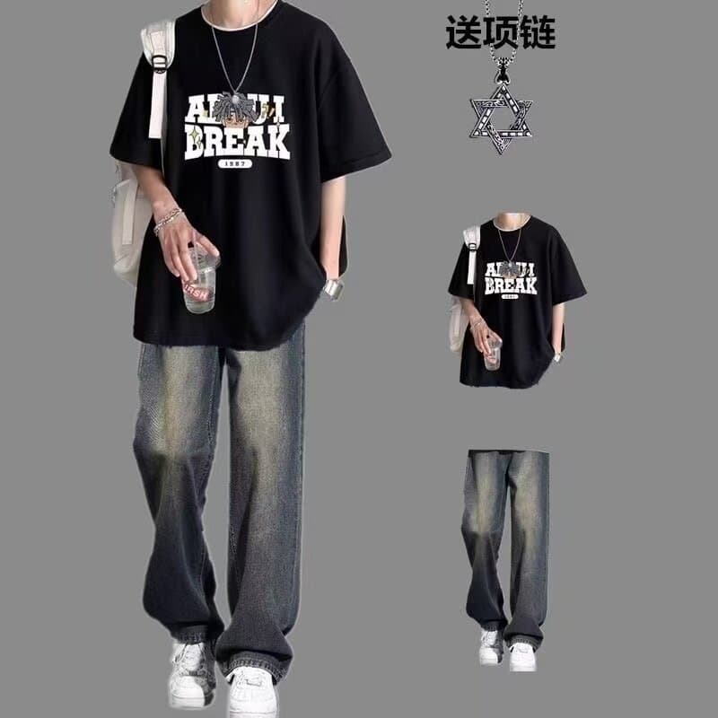 Summer Hong Kong Style Short Sleeve T-Shirt Set for Men, Trendy Matching with Fashionable Jeans, Cool and Stylish Complete Outfit