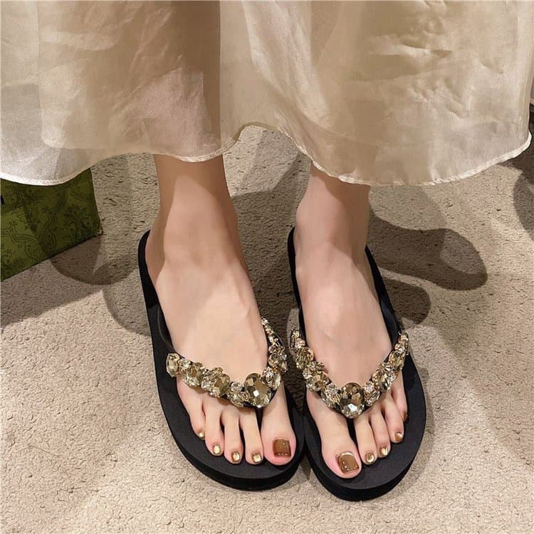 Korean-style Wedge Platform Rhinestone Flip-flops for Women, 2026 Summer New Arrival, Non-slip Elevated Beach Sandals for Seaside Vacation