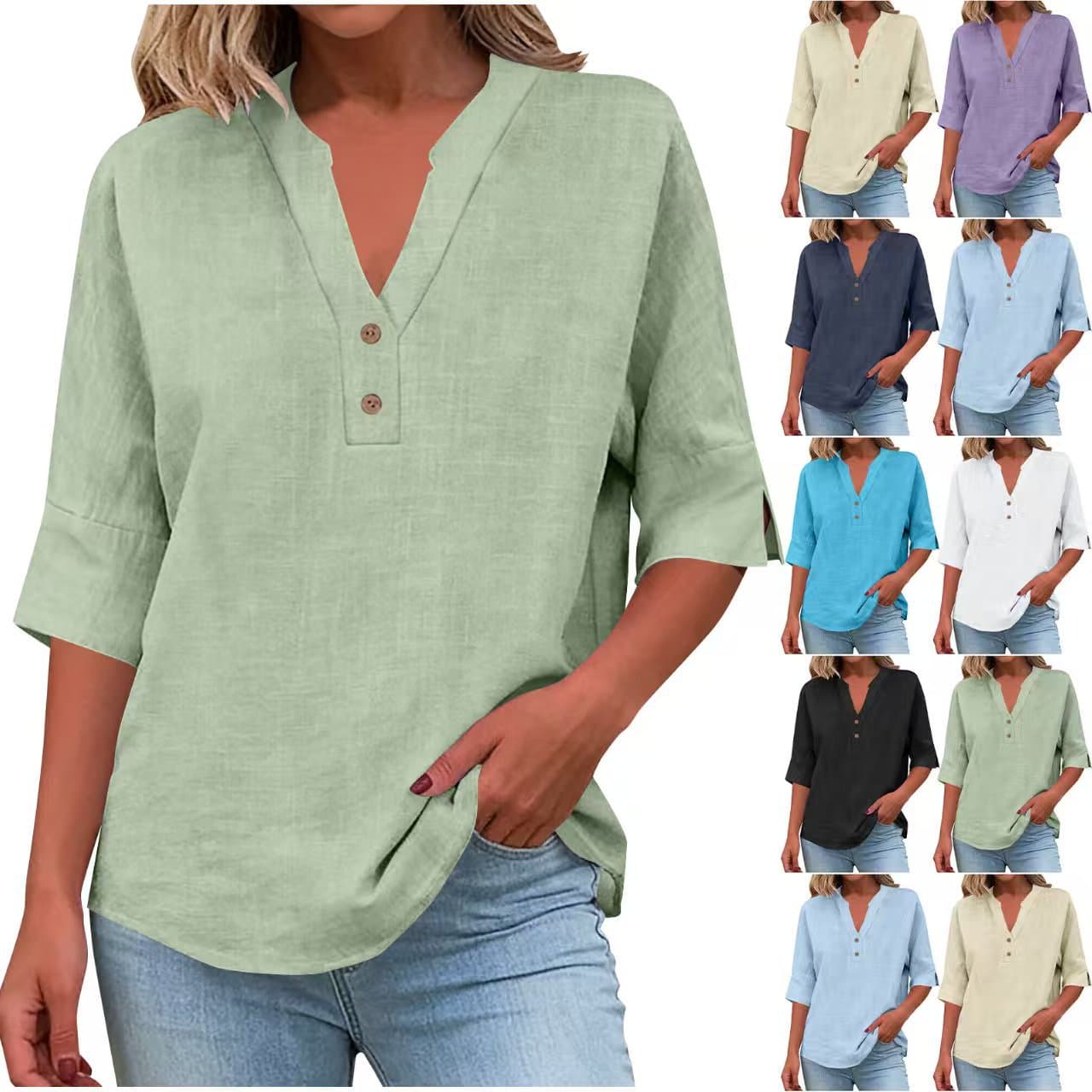 AliExpress 2026 European and American Summer Solid Color Stand Collar Button Mid Sleeve Women's Blouse