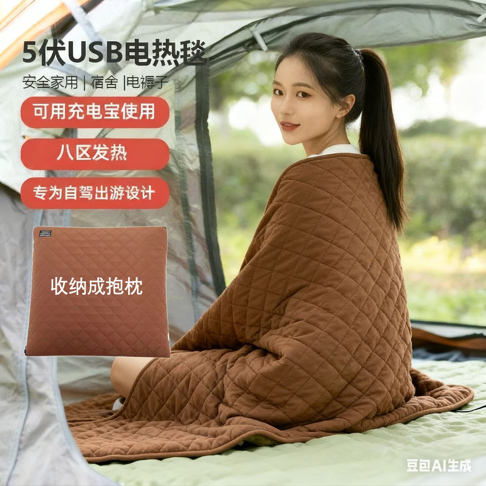 USB electric blanket, 5V low-voltage, cross-border, warm blanket, shawl, heating blanket, outdoor sleeping bag, pillow, 2-in-1