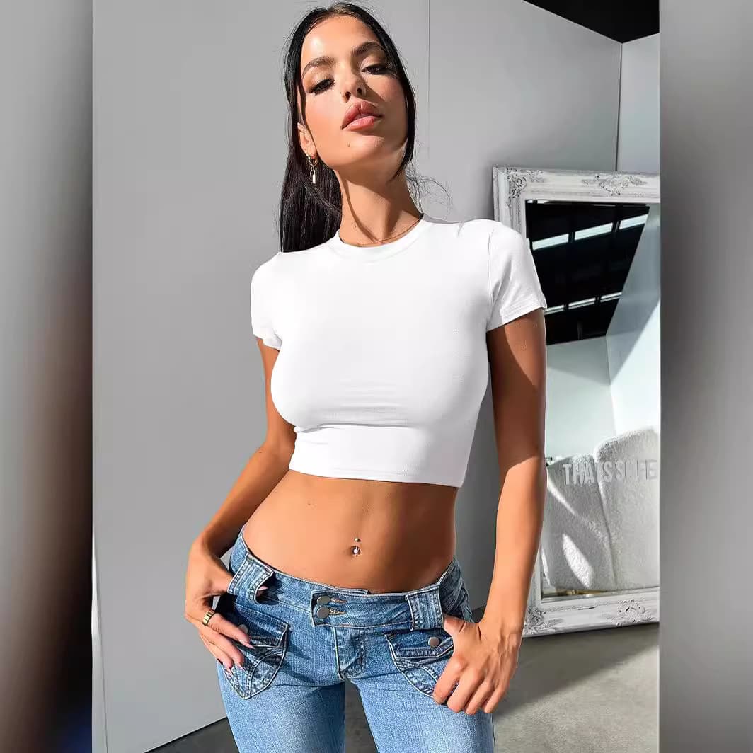 2024 Spring/Summer Women's Amazon Europe/USA Pure Desire Straight Shoulder Short Sleeve T-Shirt Street Hot Girl Short Pure Color Y2K Top