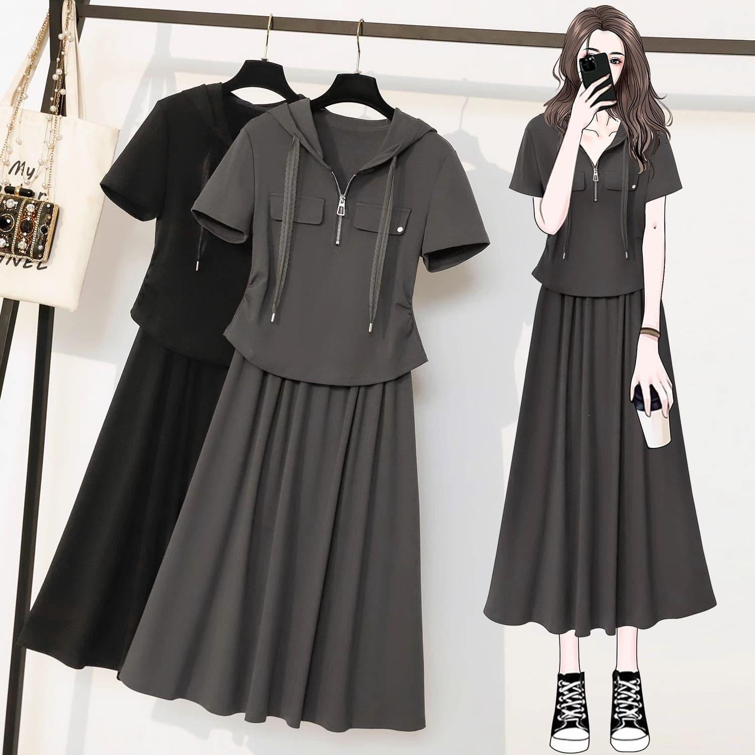 Korean Style Plus Size Solid Color Set Women Summer Pleated Drawstring Hooded Short Sleeve T-Shirt + High Waist Skirt Two-Piece Set