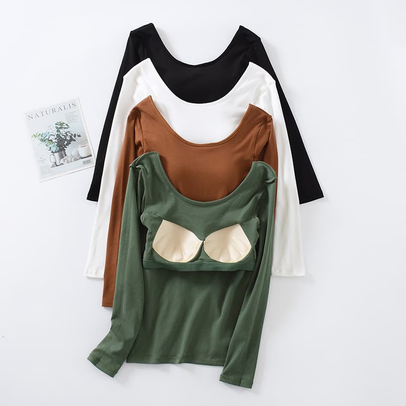 Women's Long Sleeve Round Neck Base Shirt with Built-in Bra Cup Inner Wear T-Shirt No Bra Needed Autumn Winter Cotton Underwear