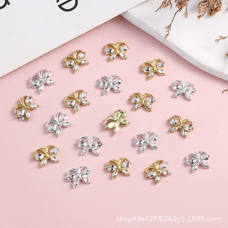Cross-Border Alloy Nail Art Jewelry Bow with Zircon Inlaid Diamond Finished Nails Wearable Nail Diamond Jewelry Nail Art Accessories Factory