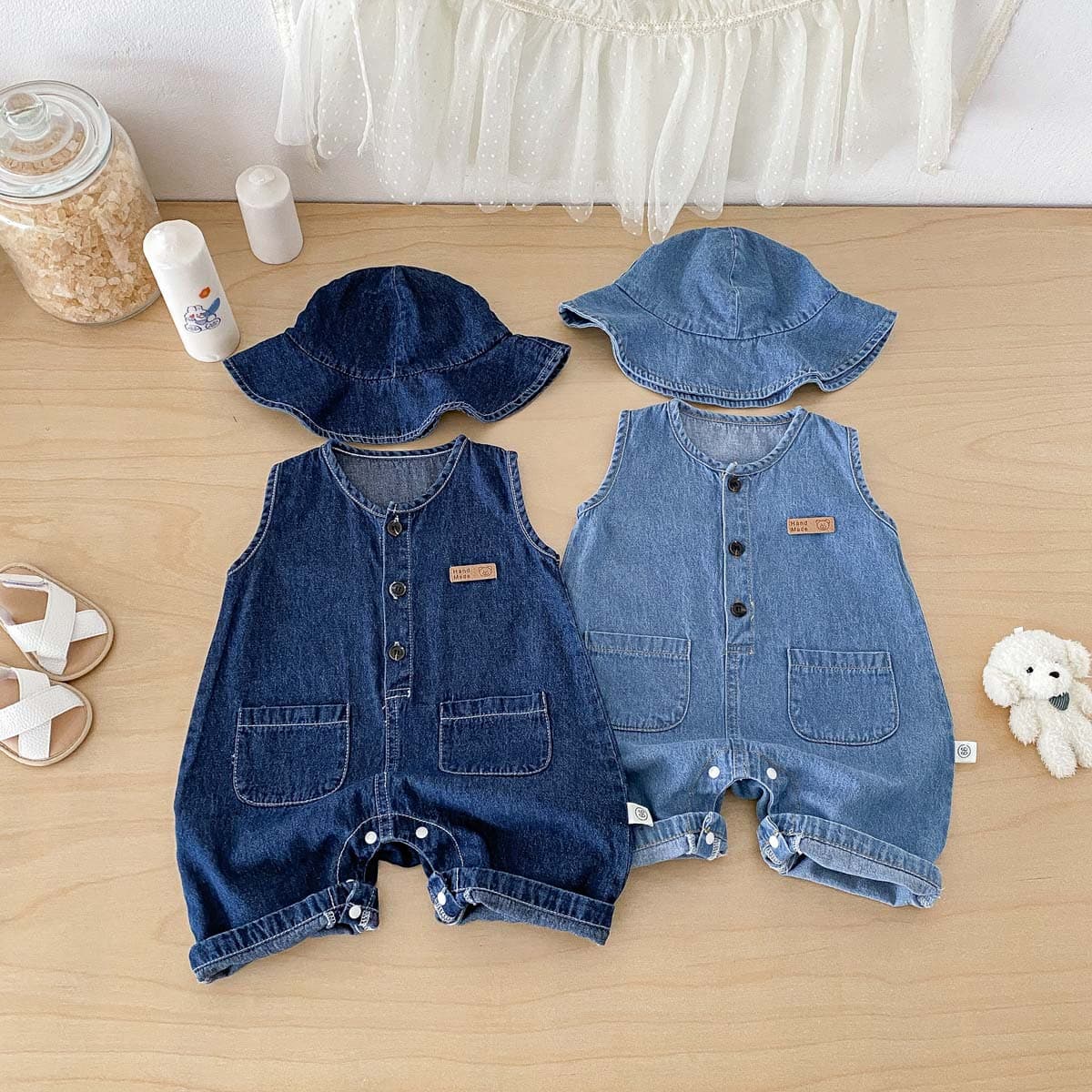 Summer sleeveless denim jumpsuit for boys, baby clothes, Korean style vest, same style outdoor crawling clothes for baby girls