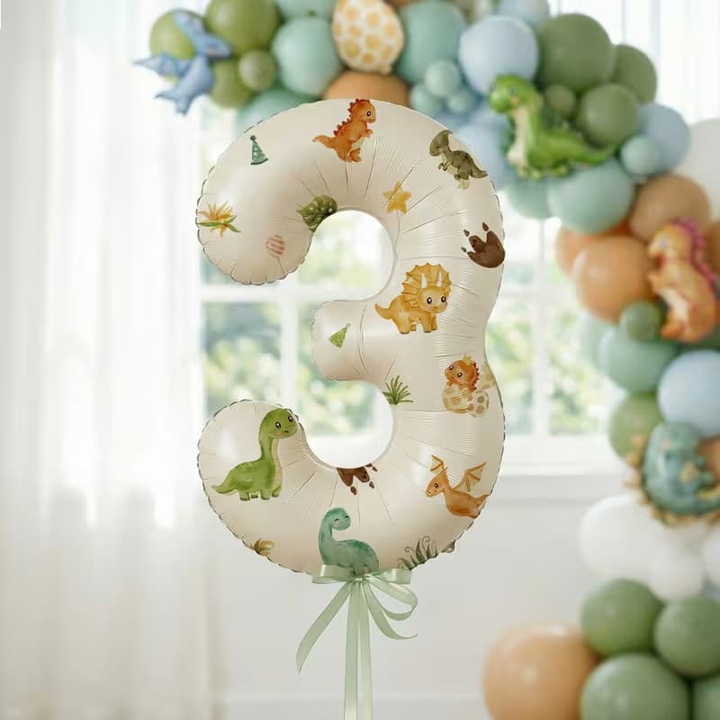 3 Piece Dinosaur Balloon Set Dinosaur Stickers 32 Inch Cream Numbers Aluminum Film Balloons Birthday Party Photo