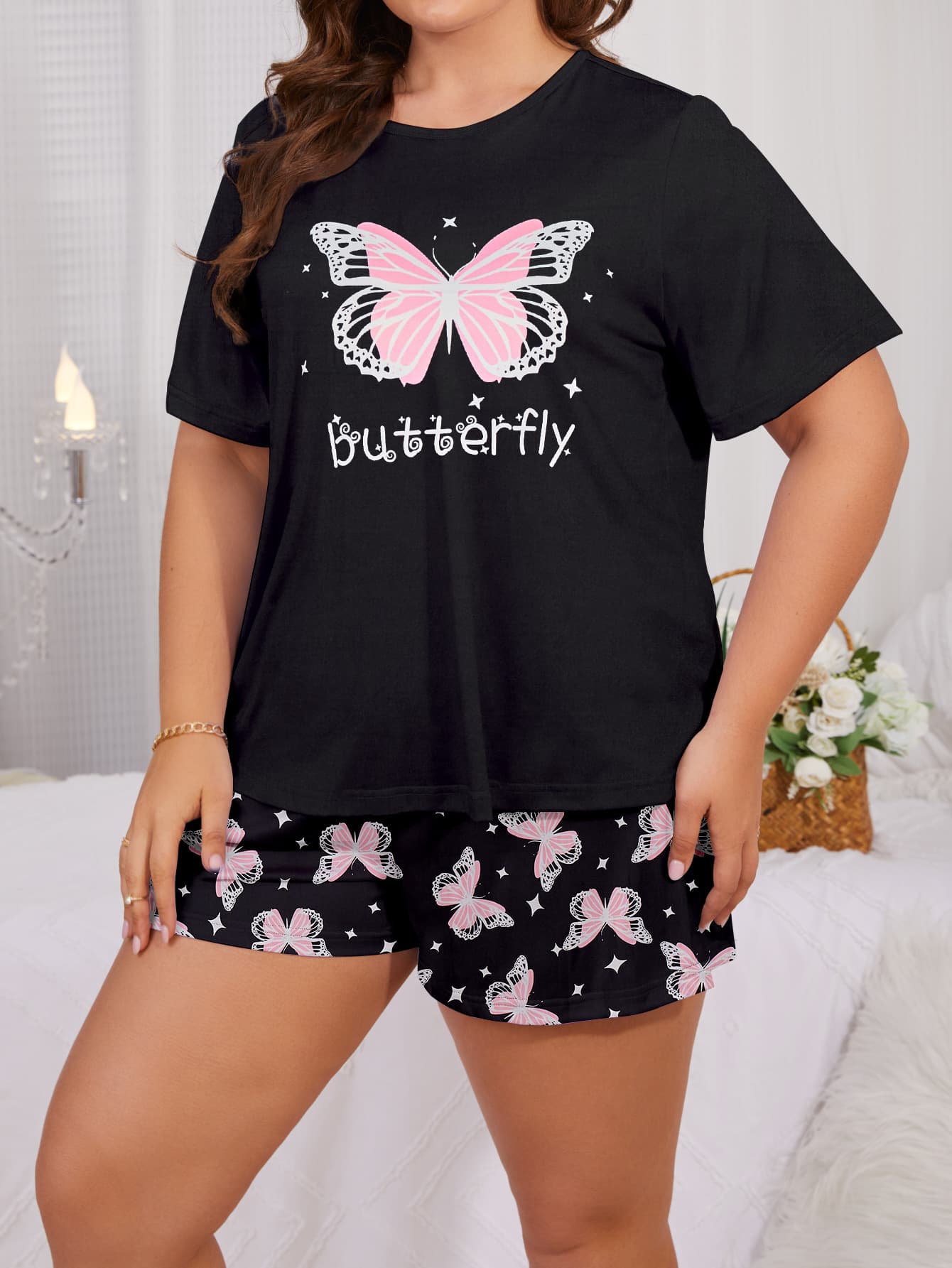 Cross-Border Direct Supply Hot-Selling Plus Size Women's Cute Short Sleeve T-Shirt and Shorts Pajama Set (Multiple Prints Available)
