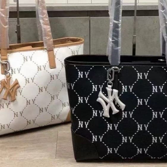Korean MLB charm tote bag, large capacity jacquard NY full logo handbag, shoulder bag, underarm bag, crossbody women's bag