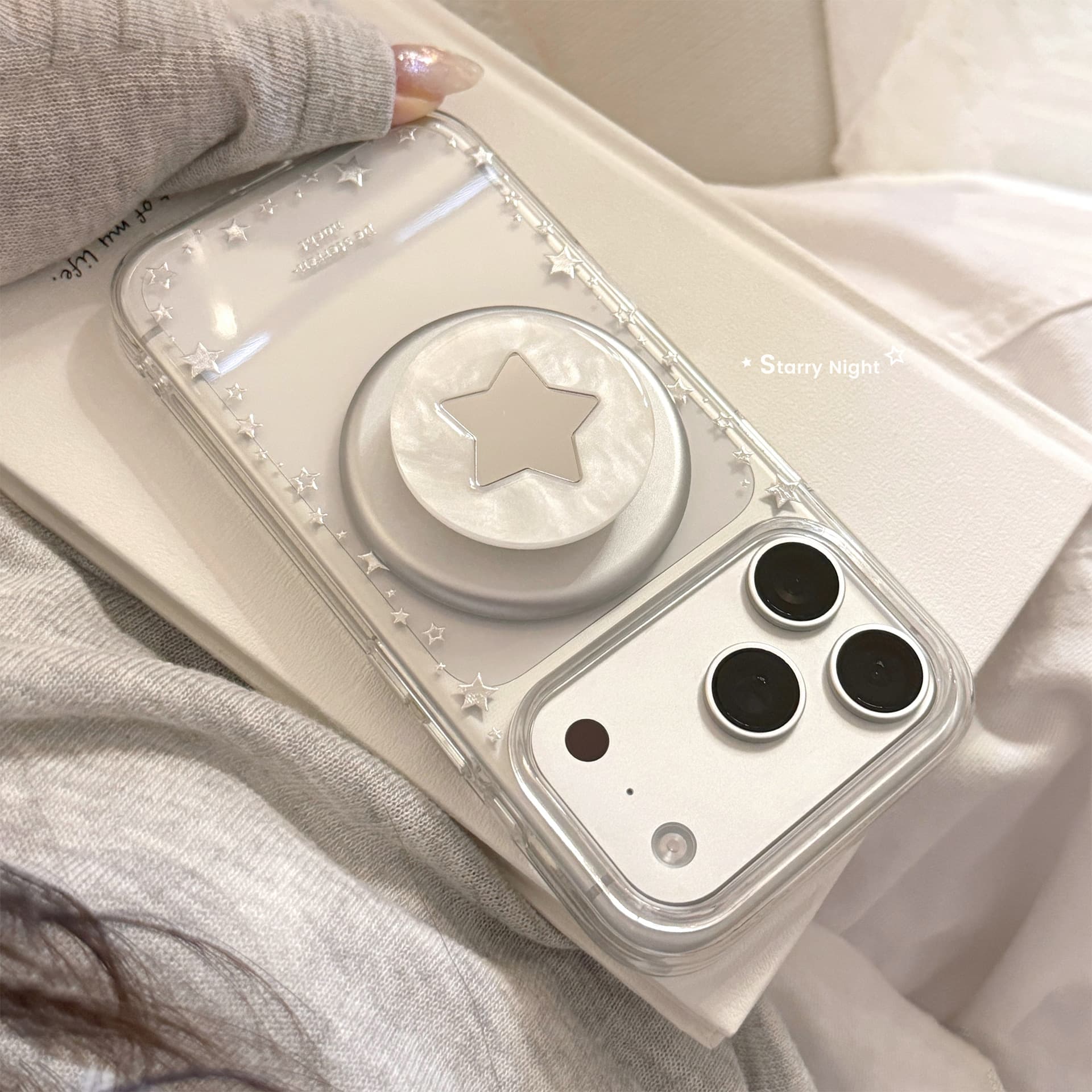 Mother-of-Pearl Silver Star Case for Apple iPhone 17 Pro Max, iPhone 16 Transparent 15 Magnetic Stand 18 Gold-Plated
