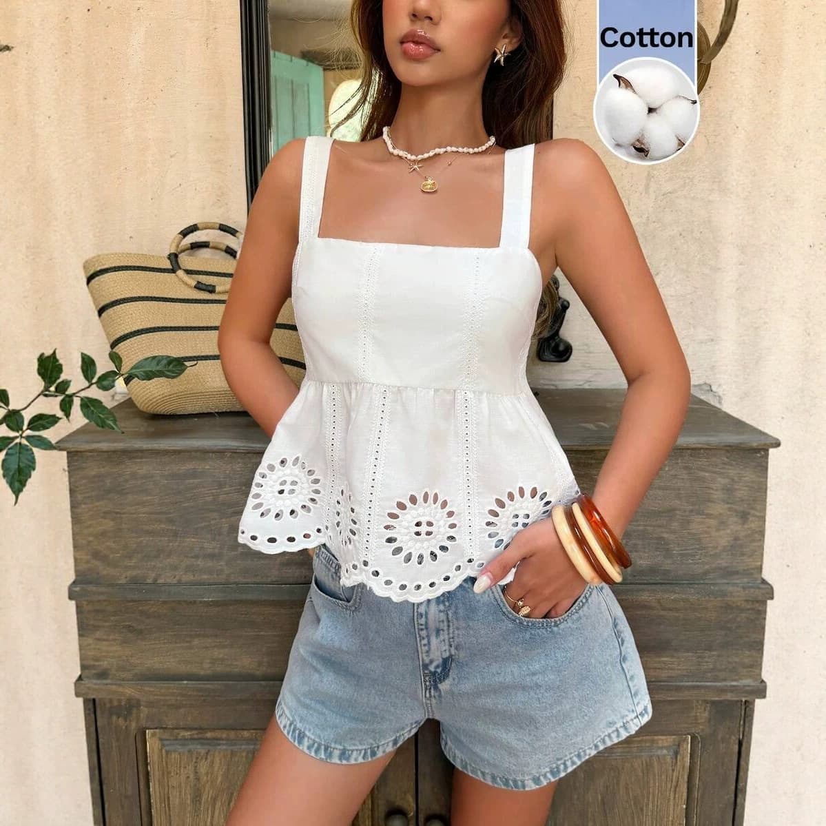 2026 European and American Cross-Border Square Neck Hollow Strap Vest Top for Women with Tie Bow Backless Babydoll Blouse Vacation Style Top