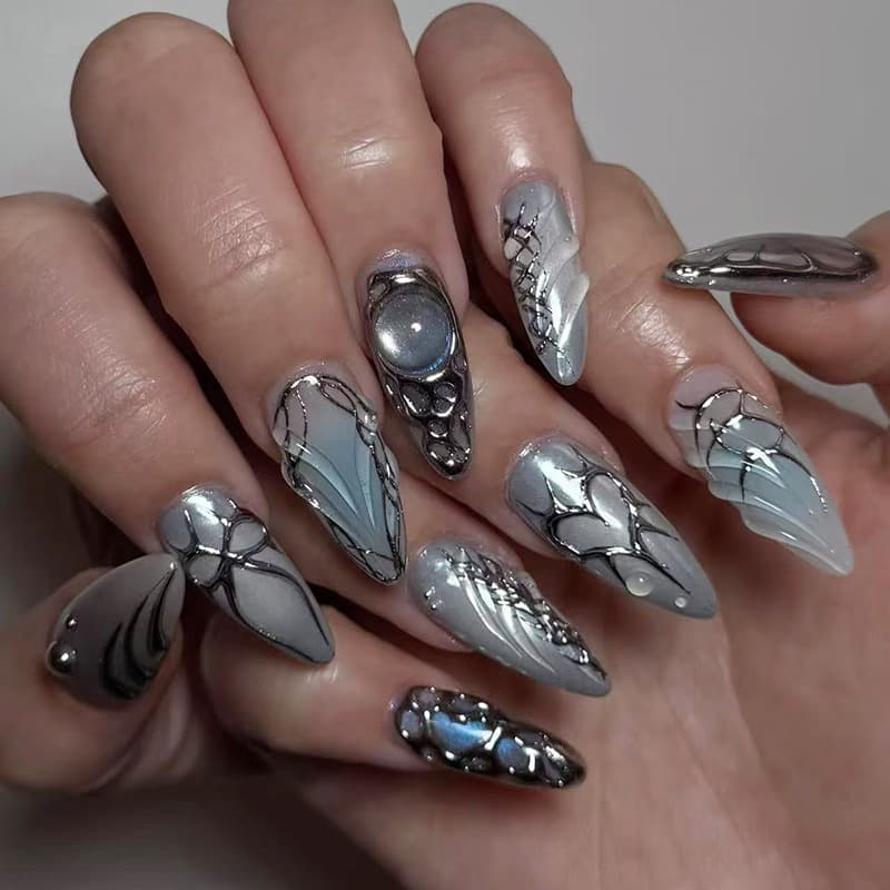Foreign Trade Punk Style Liquid 3D Metal European and American INS Style Detachable Wearable Nail Press On Nails