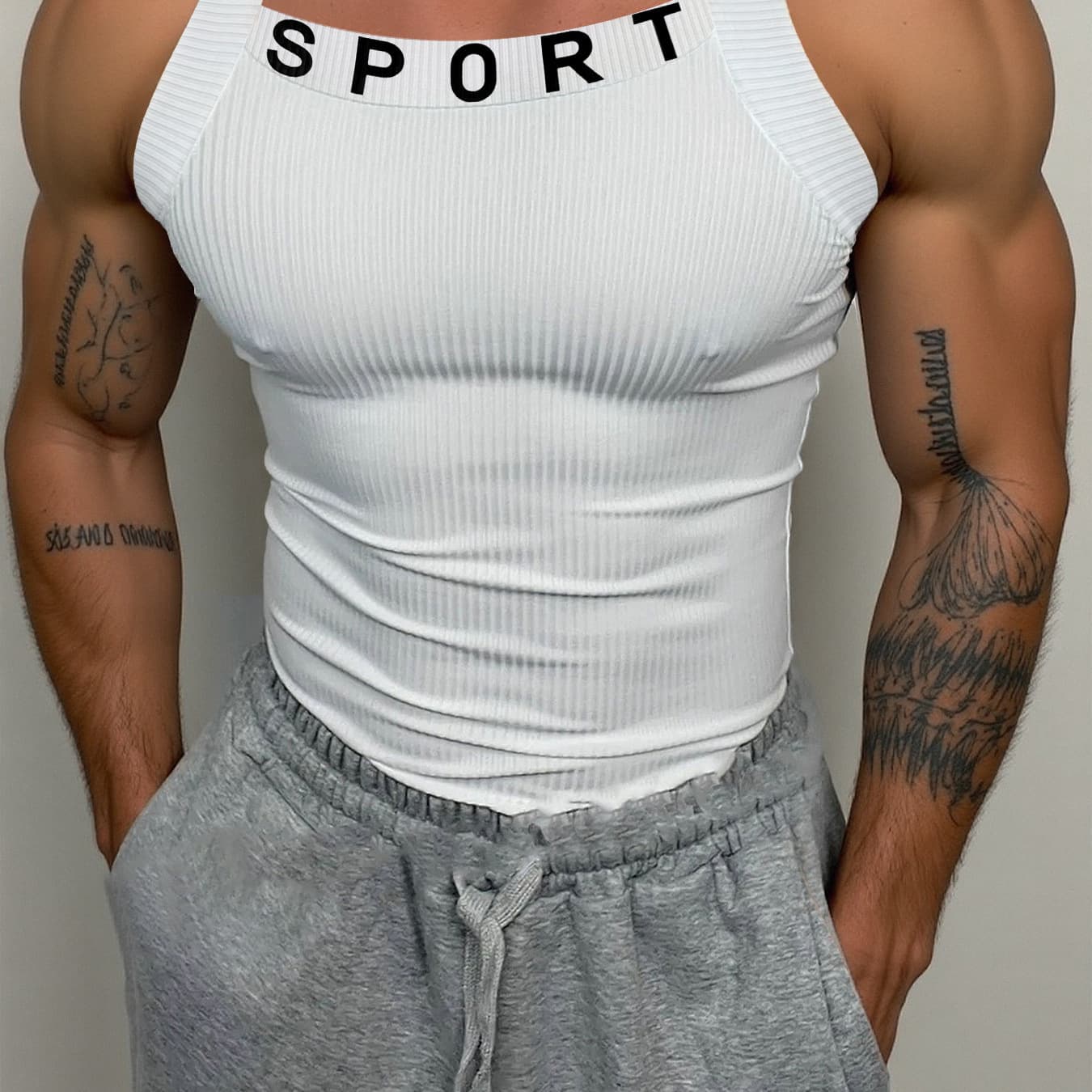 Letter Print Racerback Tank Top for Men Summer Muscle Fit Casual Training Ribbed Sleeveless Shirt