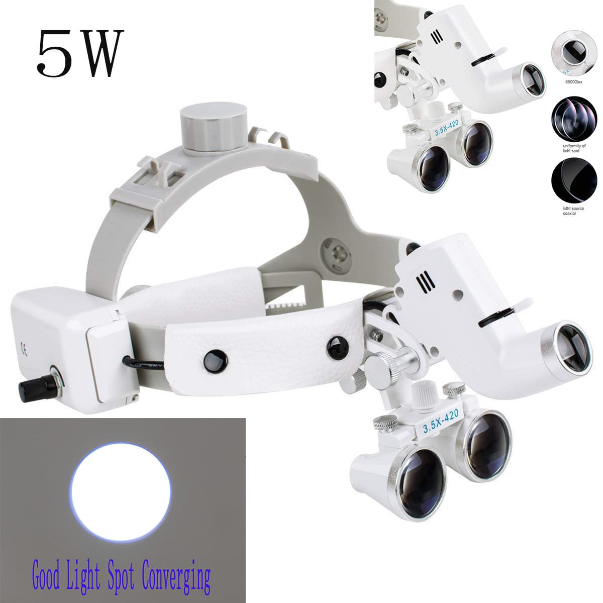 Dental Medical Head-Mounted Magnifying Loupe for Oral, Orthopedic, ENT Surgery with 5W Focused Bright Headlight