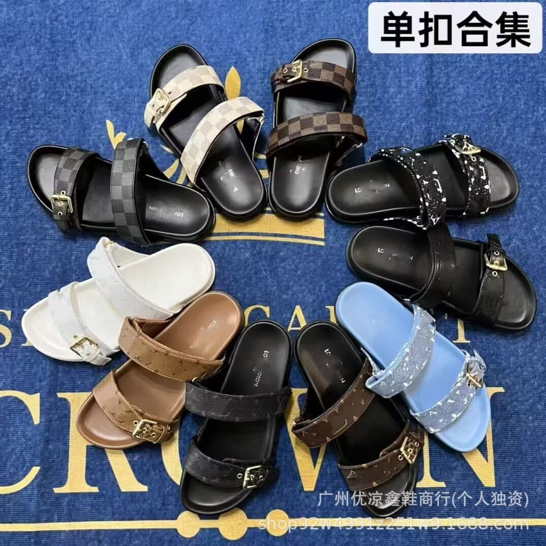 Wholesale L-House Slippers High Version Monogram Letter Rubber Metal Buckle Unisex Flat One-Strap Slippers