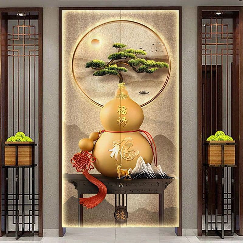 Chinese-style gourd-shaped partition curtain for living room, no drilling required, semi-luxury entryway curtain, bathroom curtain.