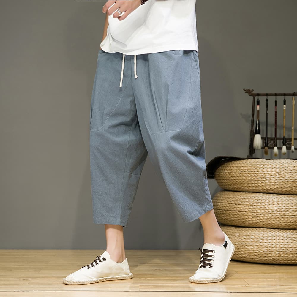 2025 new summer style Chinese style men's cotton and linen cropped pants men's bloomers wide-leg pants carrot pants tapered pants
