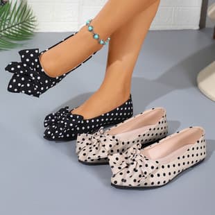 French Polka Dot Flat Shoes for Women, Spring and Autumn, Gentle Bow, Shallow Mouth, Retro Black and White Dots, Soft Sole, Commuter