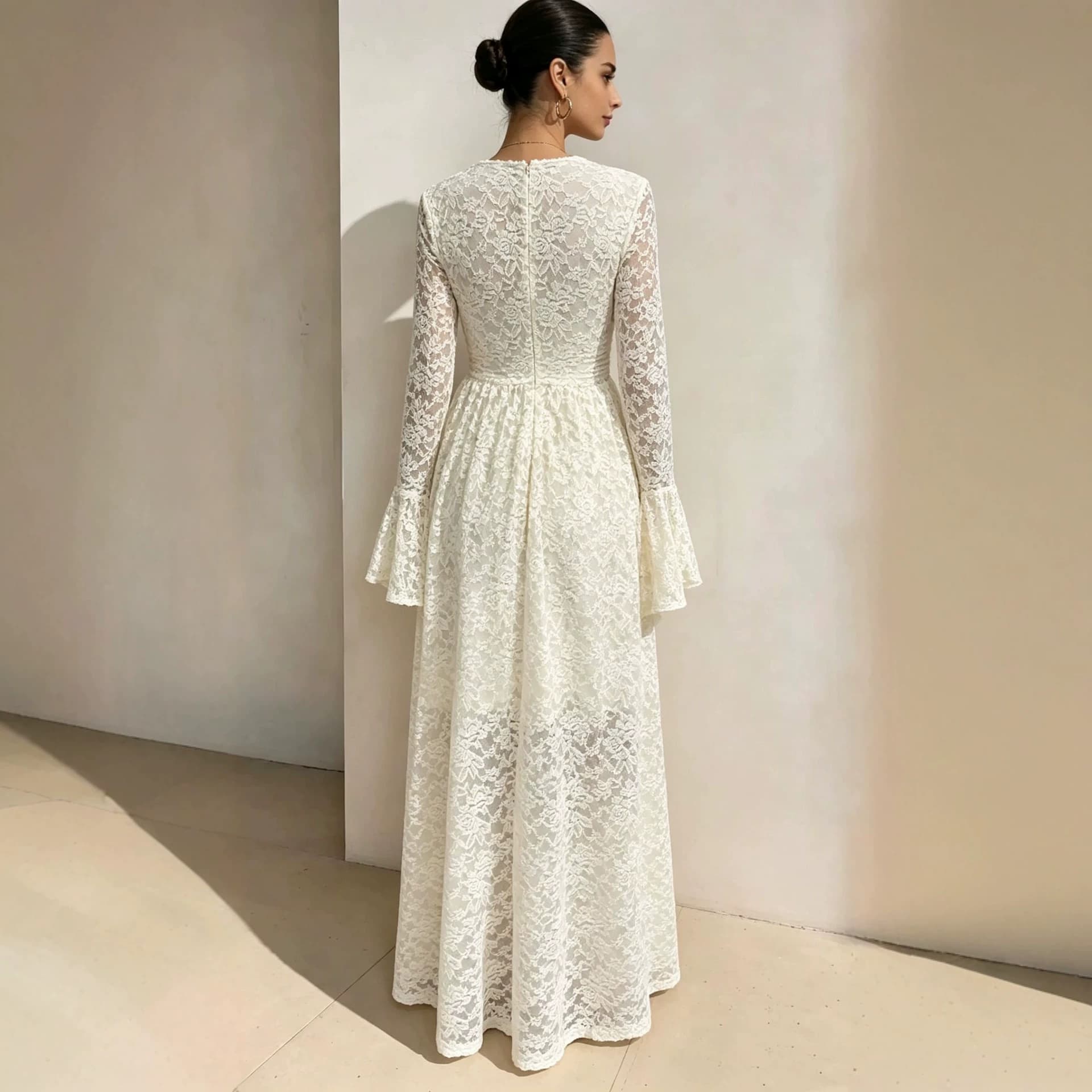 2026 European and American Style Cross-Border New Women's Fashion V-Neck Lace Long Sleeve Dress Vacation Beach Sun Protection Maxi Dress