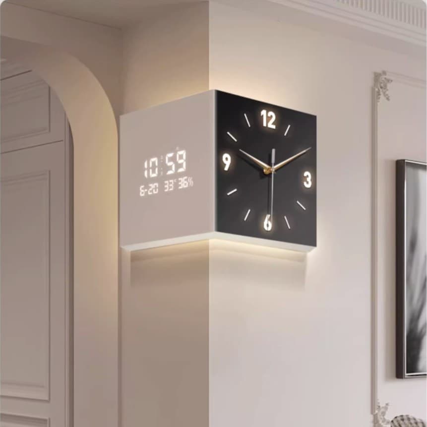 Cross-border Living Room Double-sided Corner Wall Clock Cream Style No-drill Home Creative Clock Wall Lamp Clock Hanging Picture