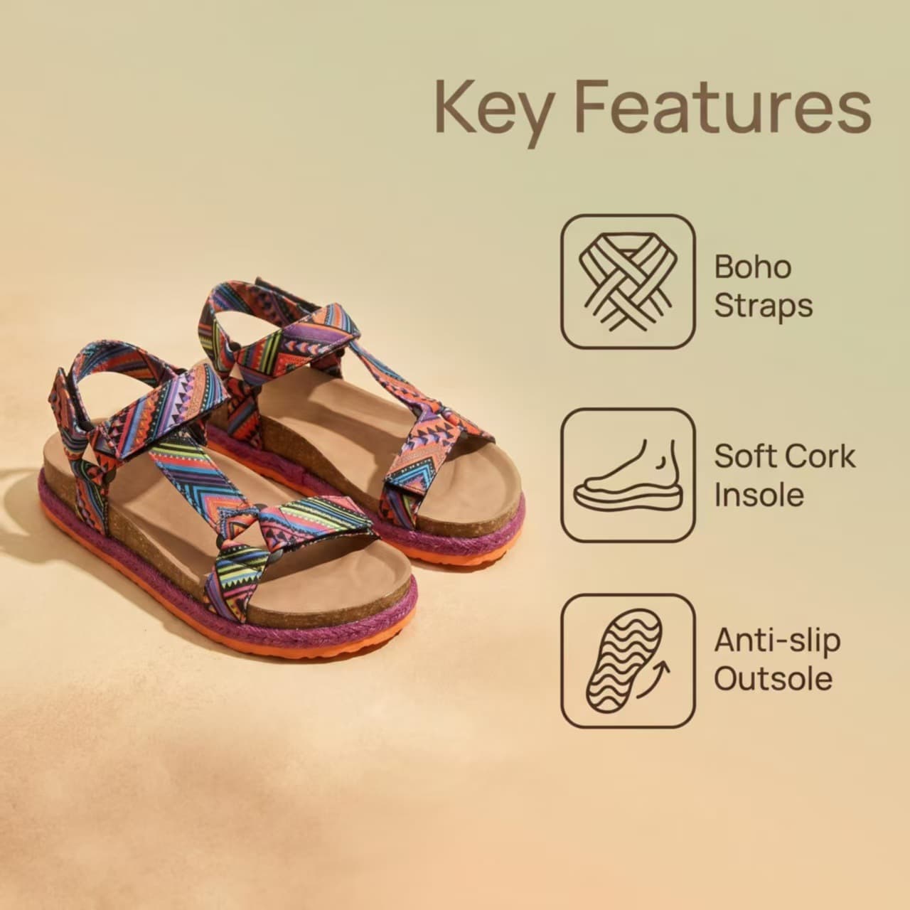 2026 Summer New Thick Sole Fabric Ethnic Style Plus Size Women's Casual Patterned Velcro Beach Sandals Wholesale