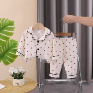 Spring/Autumn Children's Pajamas Fashion Strawberry Baby Homewear Set Double-Layer Cotton Gauze Long Sleeve Kids Homewear